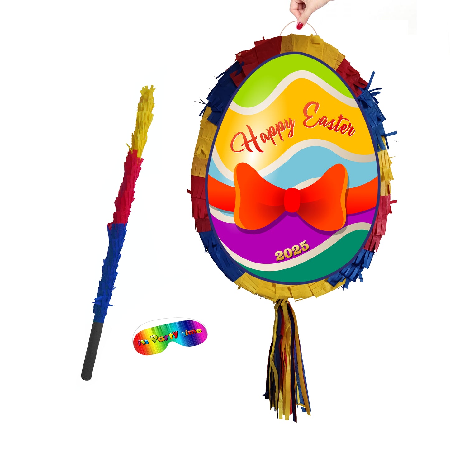 Egg Pinata with stick and blindfold surprise hunt good Friday happy bunny party bonnet basket Pascha Resurrection Sunday UK Birthday Easter