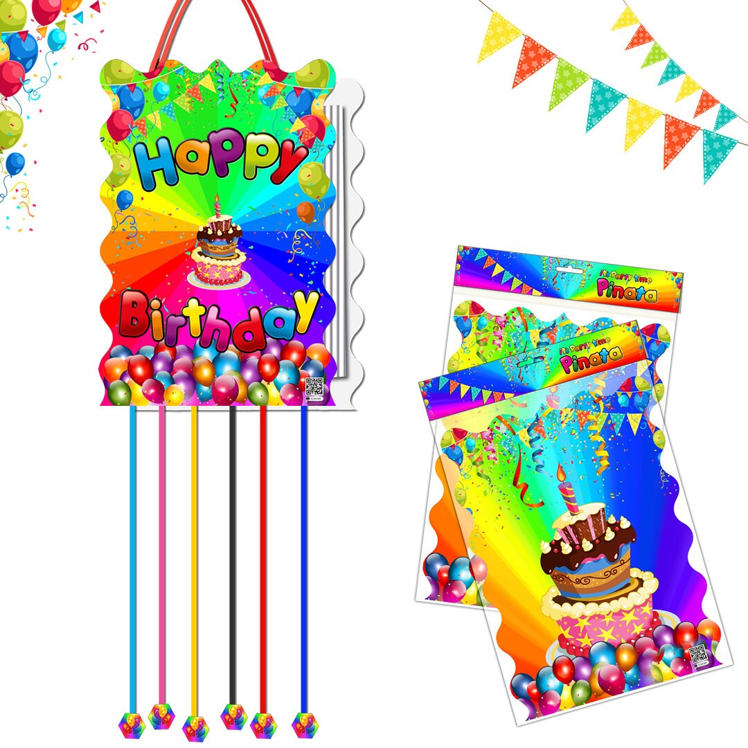 Pull String Pinata Happy Birthday Paper Bag Party Piñata Game Children Kids Boys Girls Unisex Fun multicolour theme supplies sweets surprise