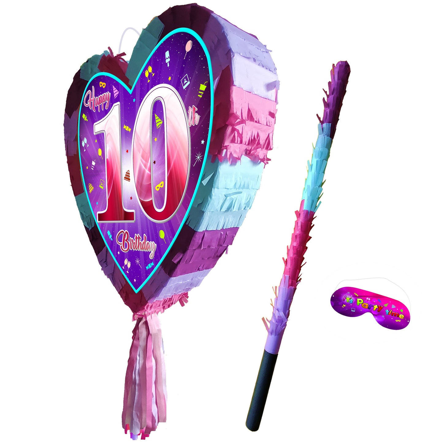 10th Birthday Piñata Heart Shape with Stick – Pink Unicorn Party Game, Fun Smash Piñata for Girls, Love Theme Party Supplies