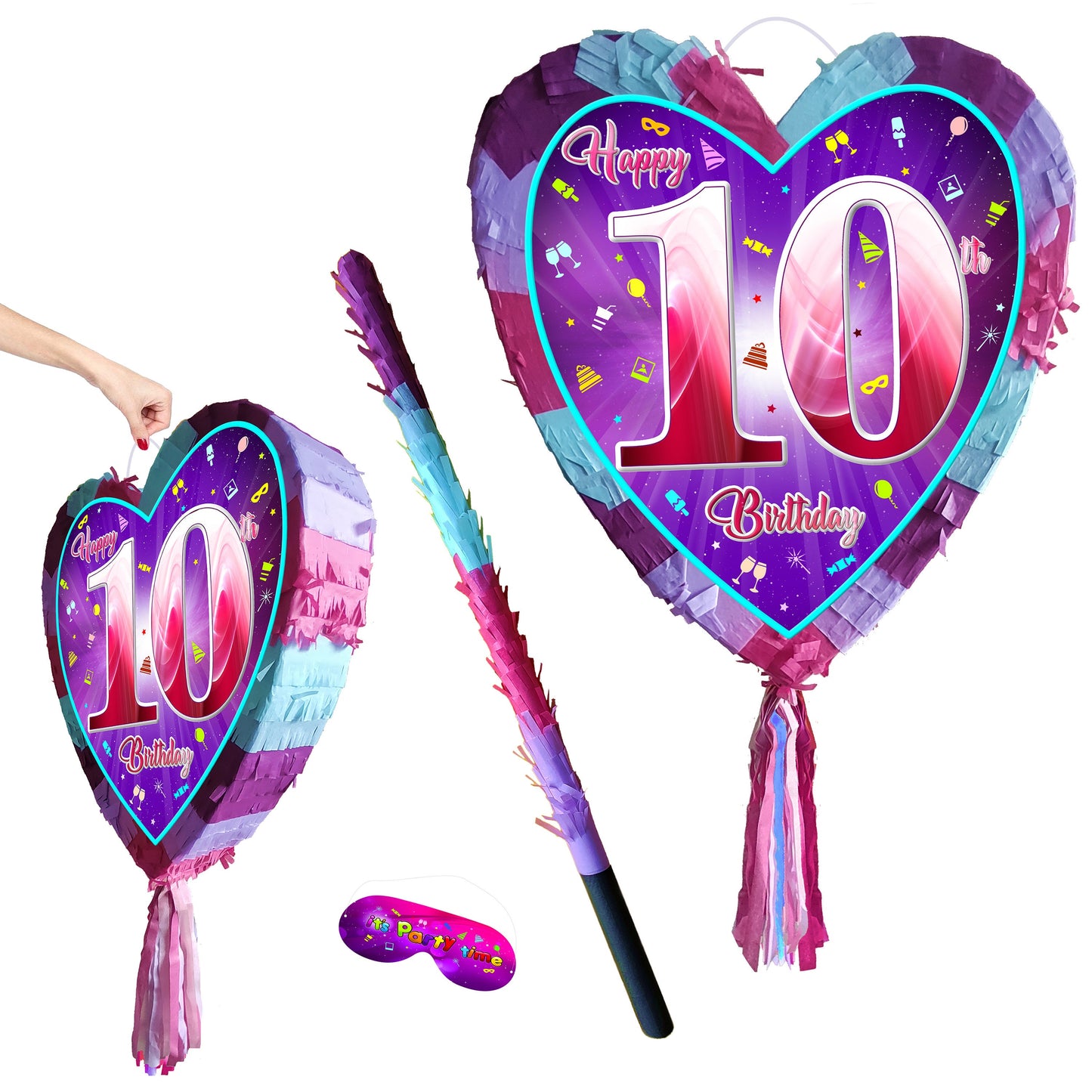 10th Birthday Piñata Heart Shape with Stick – Pink Unicorn Party Game, Fun Smash Piñata for Girls, Love Theme Party Supplies