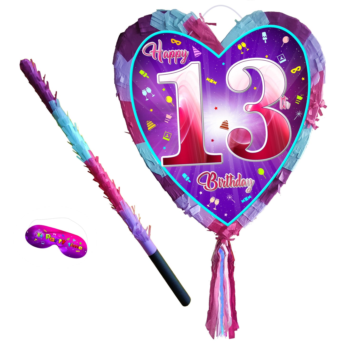13th Birthday heart pinata with stick thirteenth Piñata girls Party love theme supplies happy Smash Game thirteen years pink unicorn Fun UK