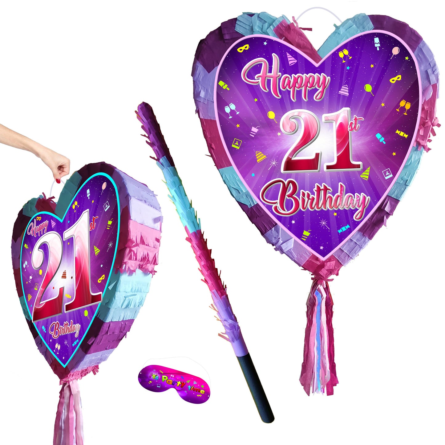 21st Birthday heart pinata with stick twenty-first Piñata girls Party love theme supplies happy Game twenty one year pink purple fun 21