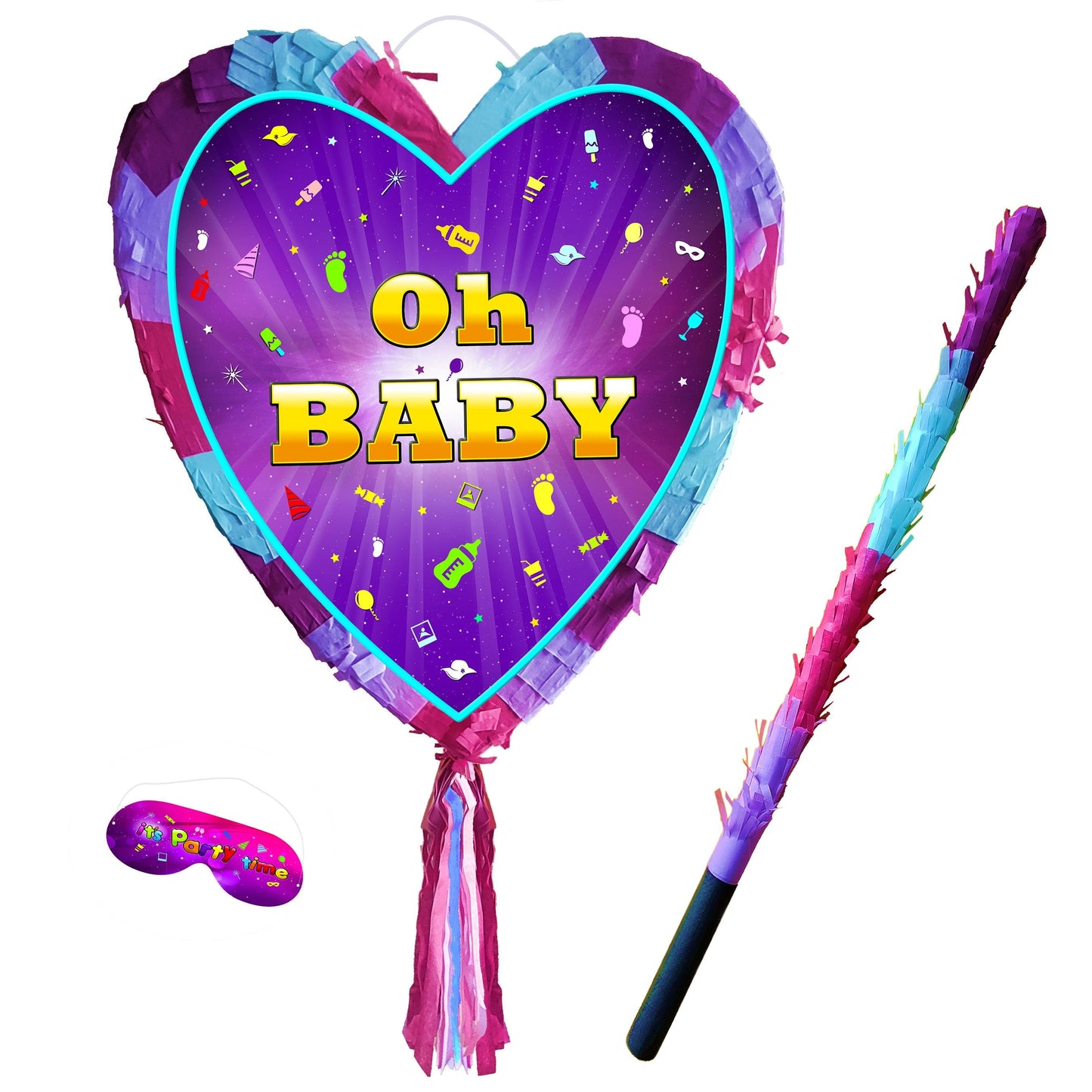 oh baby Pinata with stick heart theme Smash Game Baby Shower celebrate fun enjoy guess the gender boy girl supplies mother to be kid girl UK