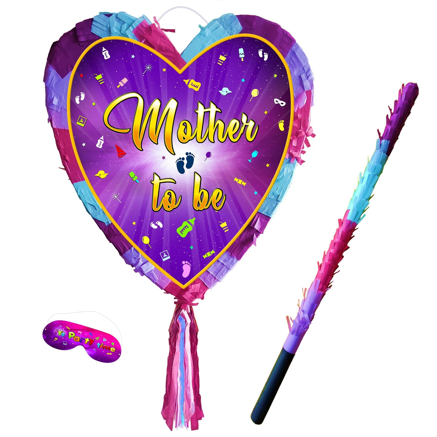 Mother to be Pinata with stick heart theme Smash Game Baby Shower celebrate fun enjoy guess the gender supplies girl kids ladies pregnancy