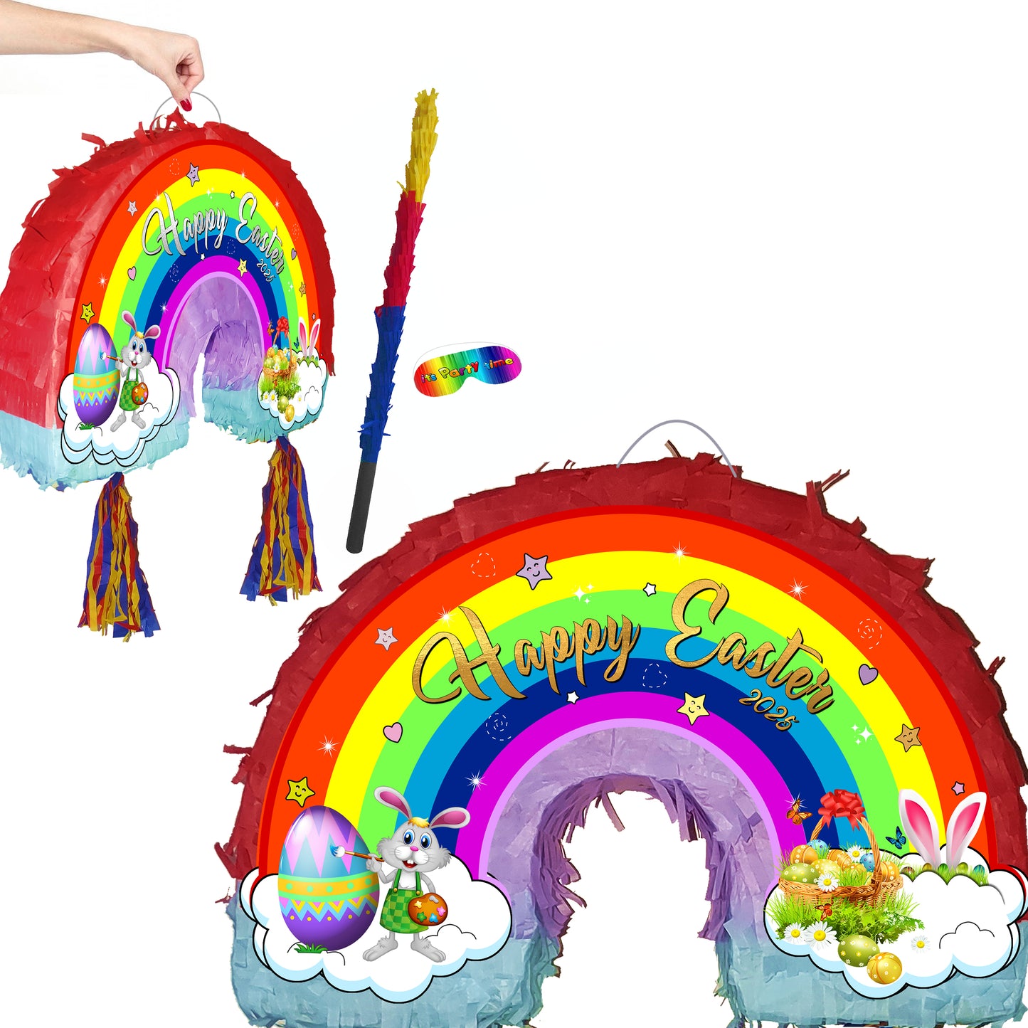 Easter Rainbow Pinata with Stick and paper eye cover Piñata set Party theme supplies pride blindfold girls bunny egg bonnet good Friday game