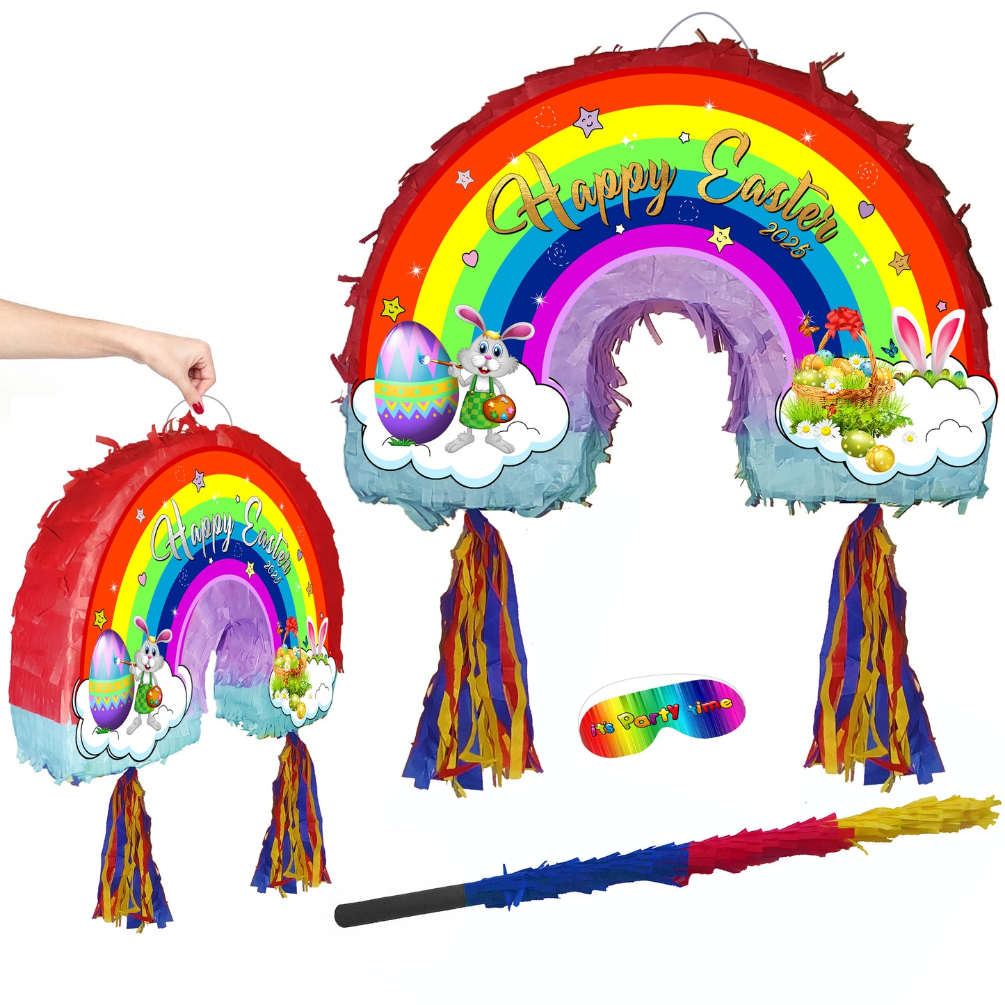 Easter Rainbow Pinata with Stick and paper eye cover Piñata set Party theme supplies pride blindfold girls bunny egg bonnet good Friday game