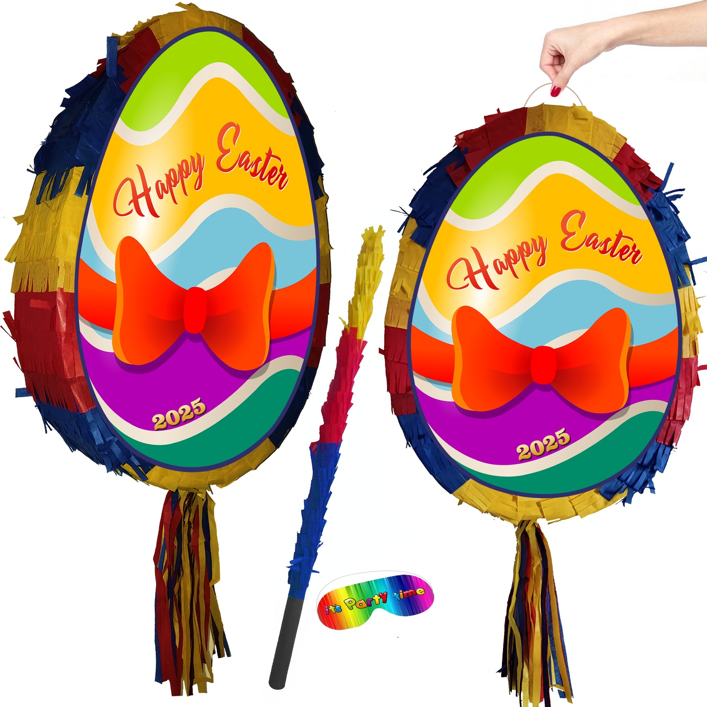 Egg Pinata with stick and blindfold surprise hunt good Friday happy bunny party bonnet basket Pascha Resurrection Sunday UK Birthday Easter