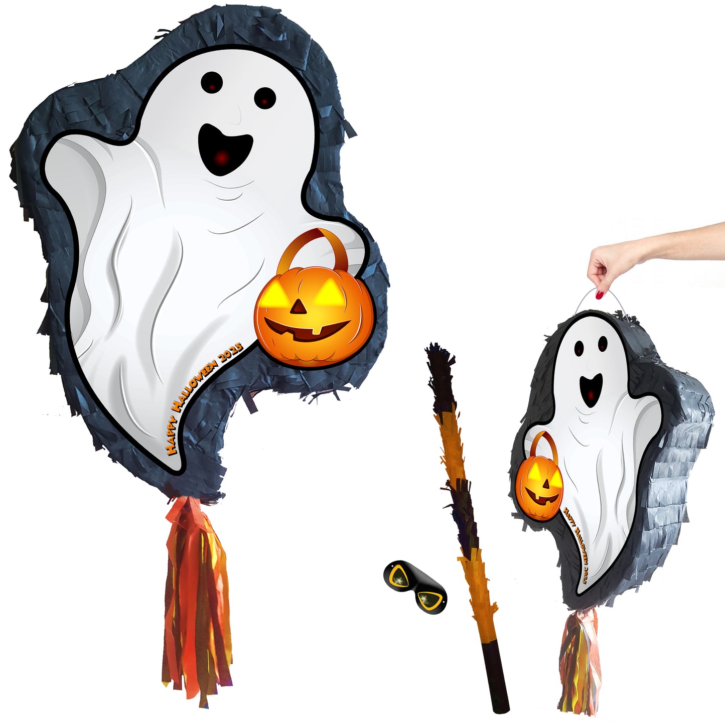 Ghost Pinata with stick Party pinata supplies birthday blindfold Scary Creepy happy game trick or treat spirit soul genie UK Halloween theme