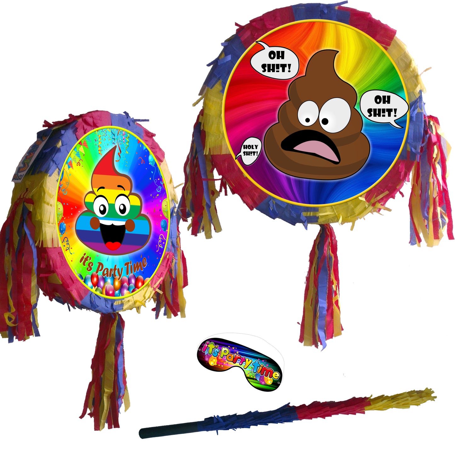 Sh!t Piñata set stick blindfold Round pinata Party theme supplies happy birthday fun poo poop poopy icecream multicoloured best funny shock