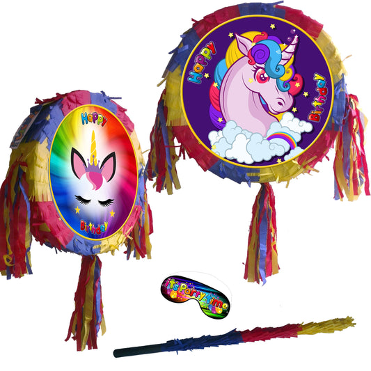 Unicorn Piñata set Party Round theme pinata supplies happy birthday stick blindfold Rainbow multicolour pony dash glitter glam girls pink