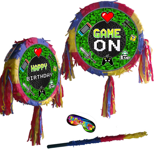 Game ON Piñata Party Round theme pinata video game supplies happy birthday controller gear fun boys gamer switch stick blindfold UK