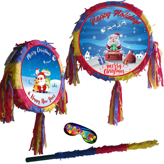 Christmas Piñata set Round Party theme pinata supplies happy birthday stick blindfold holidays Xmas Eve day Yuletide Yule Noel Game fun