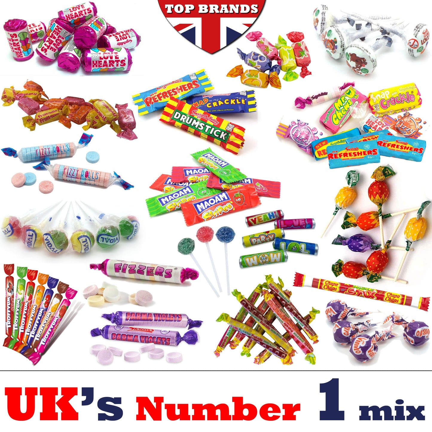 TOP Brands Mix Assorted Sweets Candies Lollypops Chews Tongue Painter Love Hearts Chupa Chups Fruity Pops Double Lolly Juicy Stix Drumstick