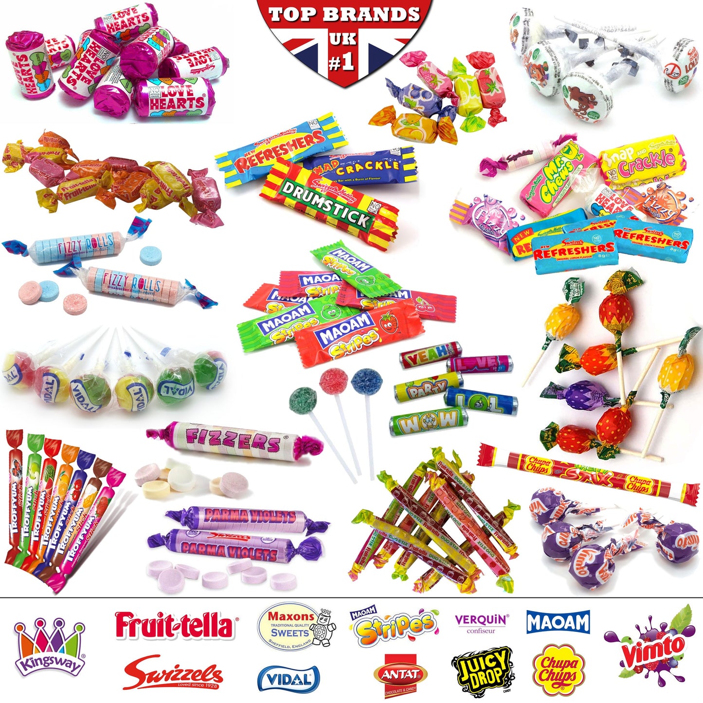 TOP Brands Mix Assorted Sweets Candies Lollypops Chews Tongue Painter Love Hearts Chupa Chups Fruity Pops Double Lolly Juicy Stix Drumstick