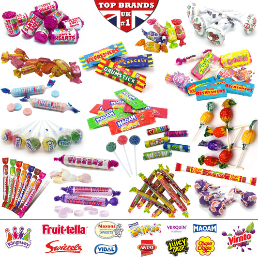 TOP Brands Mix Assorted Sweets Candies Lollypops Chews Tongue Painter Love Hearts Chupa Chups Fruity Pops Double Lolly Juicy Stix Drumstick