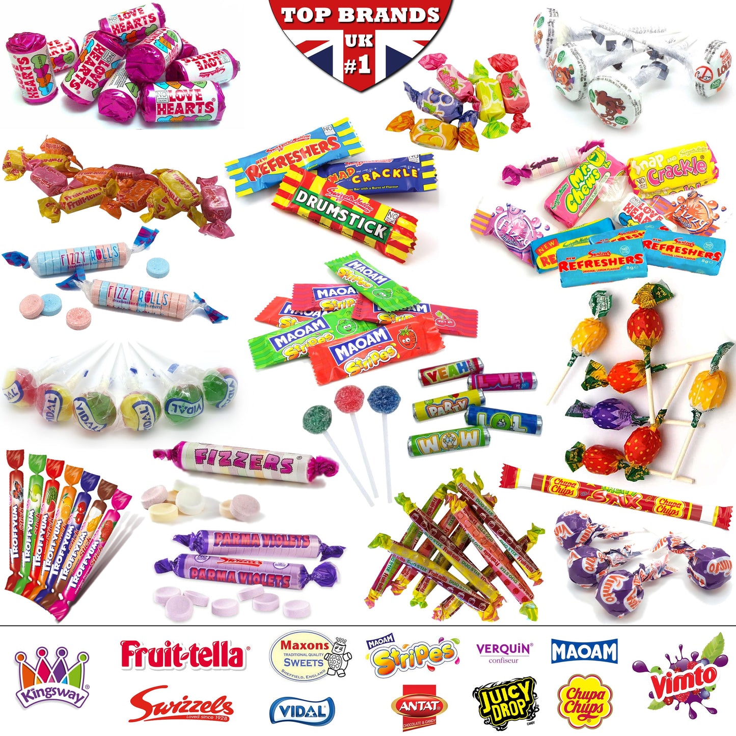 Bulk Mix TOP Assorted Sweets Candies Lollypop Chew Tongue Painter Love Hearts Best UK Brands Fruity Pops Double Lolly Juicy Stix Drumstick