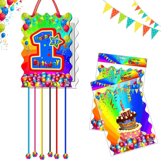 First Birthday Pinata Pull String Paper Bag Party Piñata Game Children Kids Boys Girls Unisex Fun theme supplies 1st One surprise Unos 1