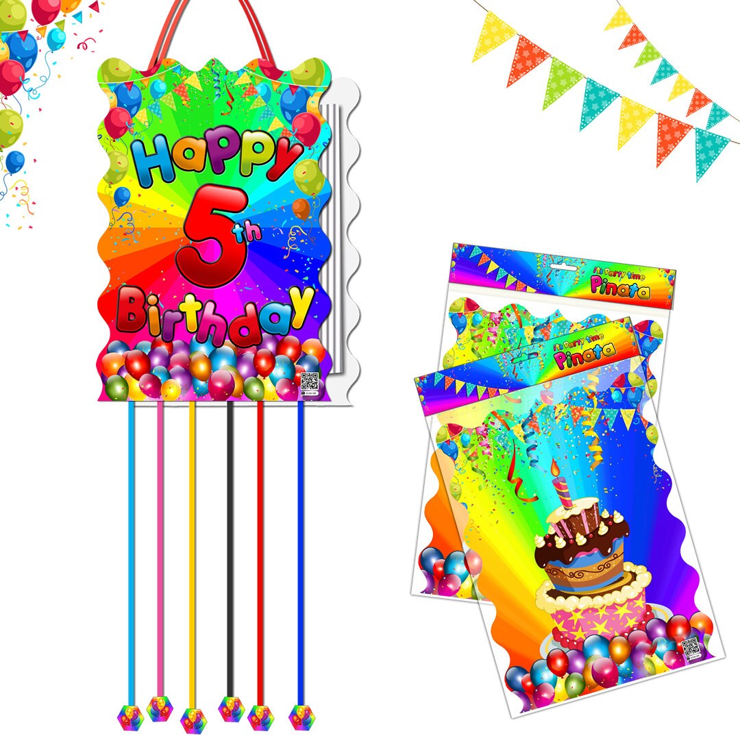 5th Birthday Pinata Pull String Paper Bag Party Piñata Game Children Kids Boys Girls Unisex Fun theme supplies Fifth Five surprise cinco 5 V