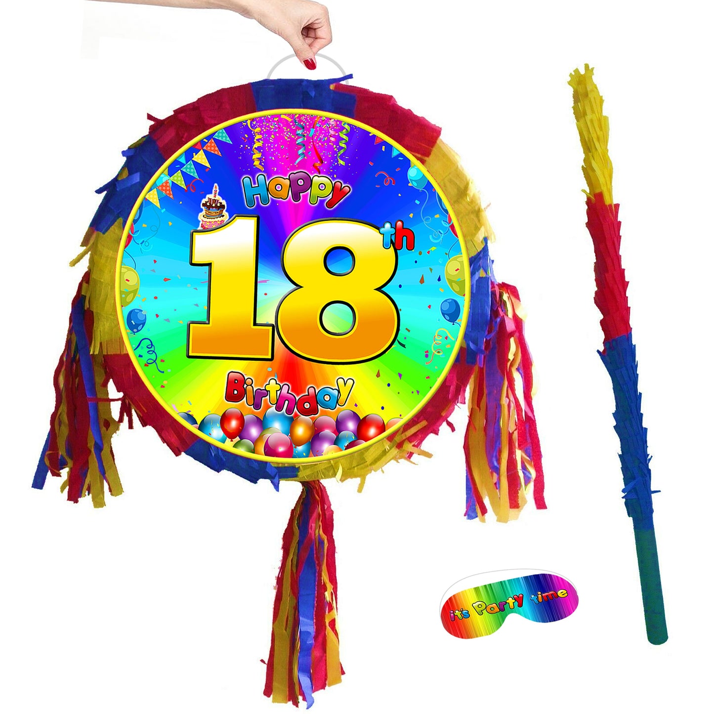 18th Birthday Pinata Party Round theme piñata supplies happy eighteen blindfold stick rainbow smash game BOY GIRL kids fun favours