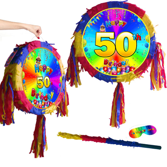 50th Birthday Pinata Piñata Party Round theme piñata supplies happy stick Rainbow Smash Game man woman Fifty golden jubilee years UK Fun New