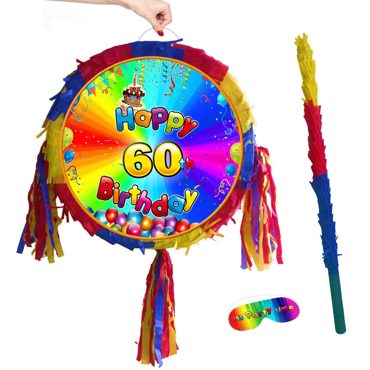 60th Birthday Pinata Piñata Party Round theme piñata supplies happy stick Rainbow Smash Game man woman Sixty diamond jubilee Years unisex UK