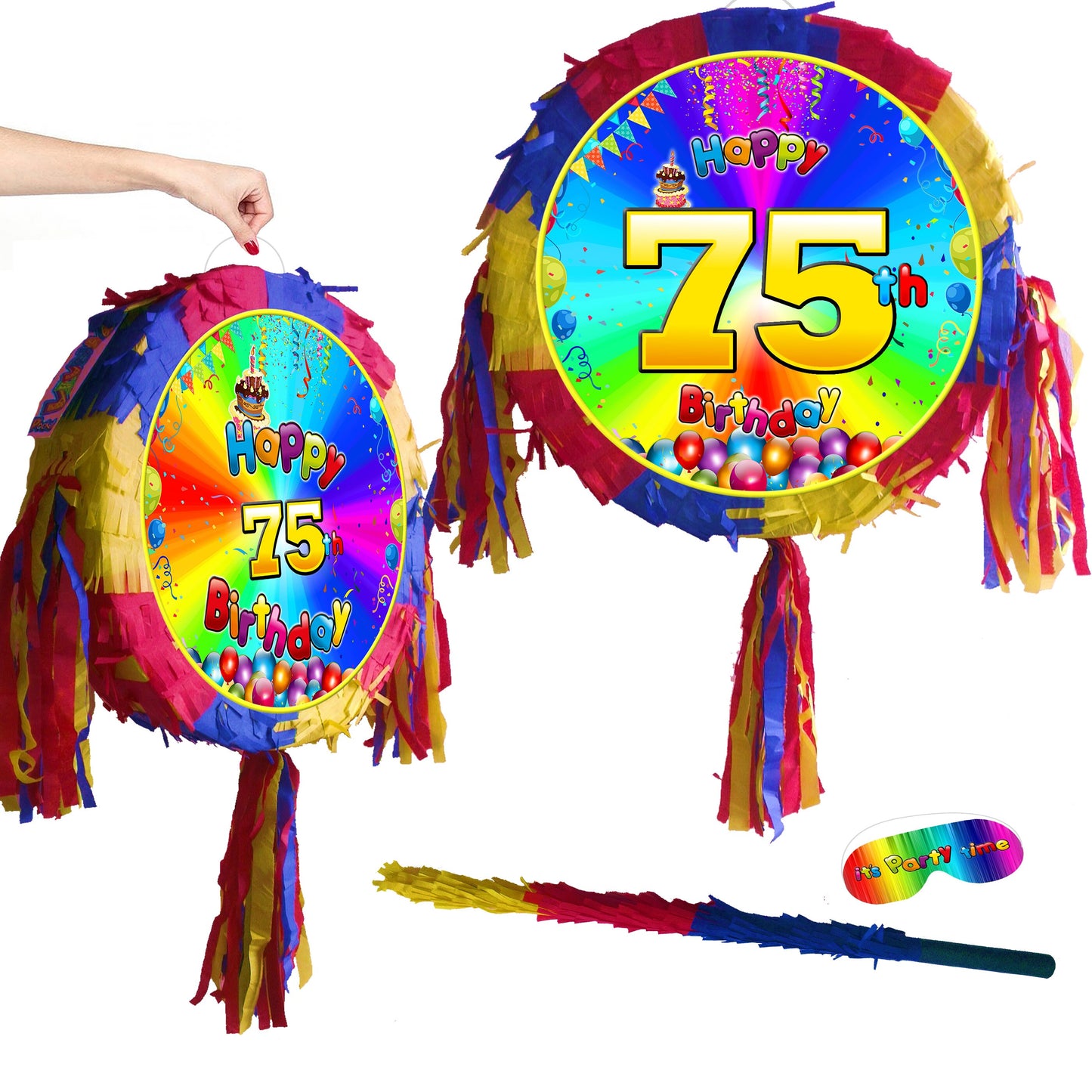 75th Birthday Pinata Piñata Party Round theme piñata supplies happy stick Rainbow Smash Game man woman diamond jubilee seventy five years UK