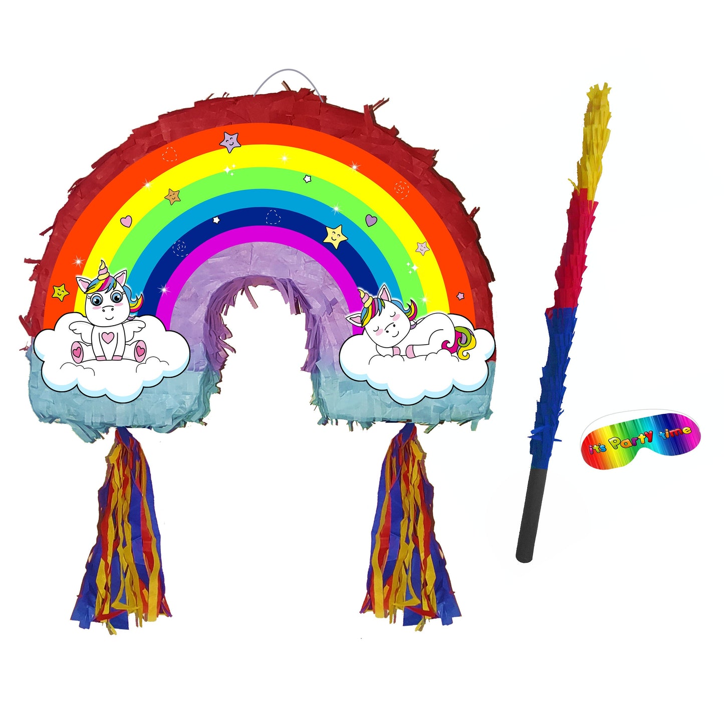 Amazing Rainbow Unicorn Piñata set Party theme pinata supplies happy birthday stick blindfold multicolour pony dash glitter glam girls pink