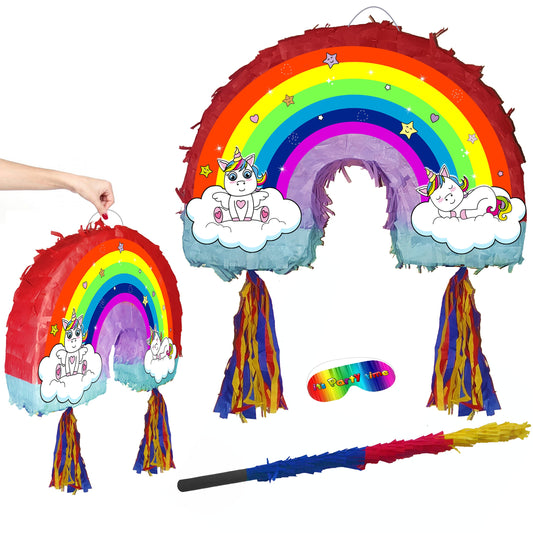 Amazing Rainbow Unicorn Piñata set Party theme pinata supplies happy birthday stick blindfold multicolour pony dash glitter glam girls pink