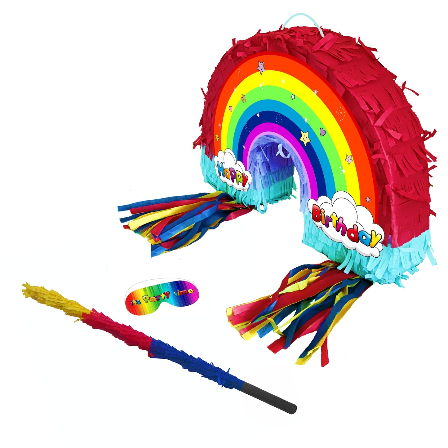 Rainbow Piñata with Stick Happy Birthday Piñata set Party theme supplies pride blindfold girls pink multicoloured