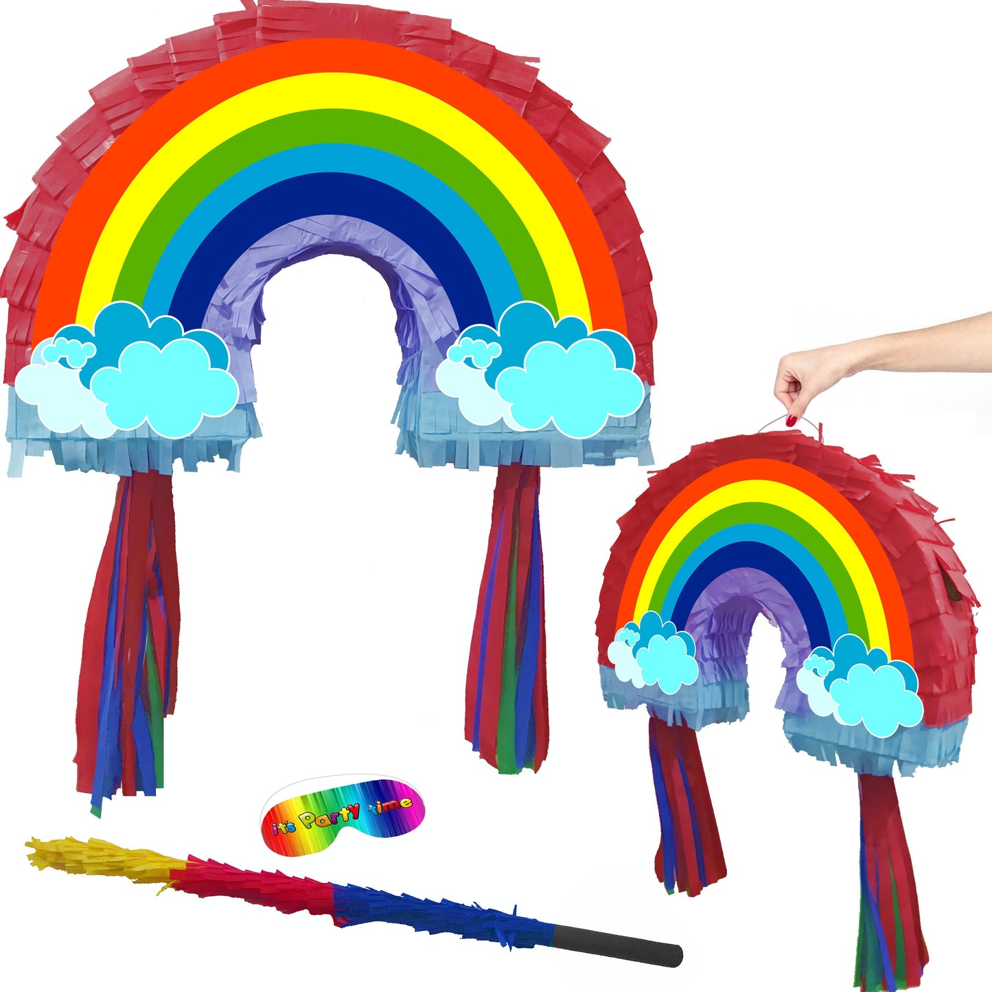 Big Rainbow Piñata with Stick and paper eye cover Piñata set Party theme supplies pride blindfold girls pink multicoloured clouds fun game