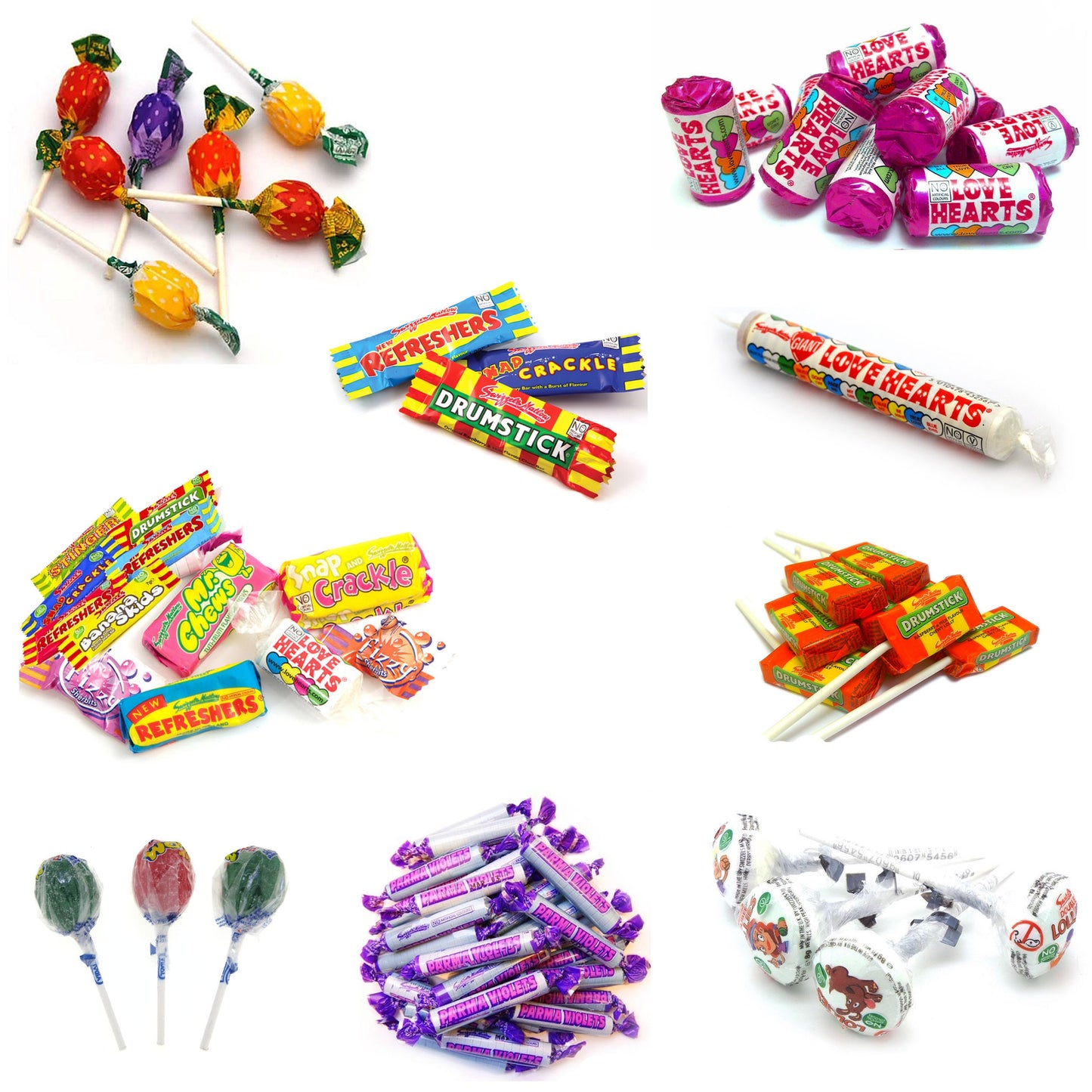 TOP Brands Mix Assorted Sweets Candies Lollypops Chews Tongue Painter Love Hearts Chupa Chups Fruity Pops Double Lolly Juicy Stix Drumstick