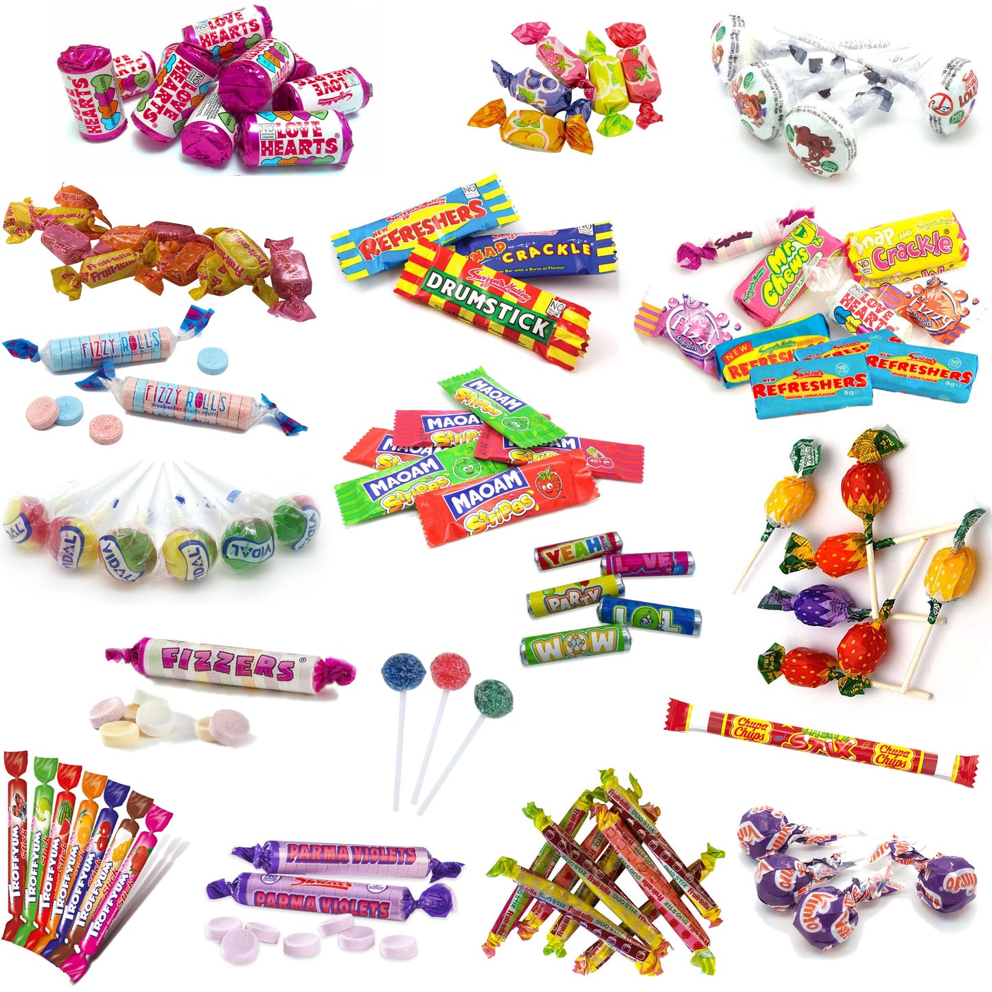 TOP Brands Mix Assorted Sweets Candies Lollypops Chews Tongue Painter Love Hearts Chupa Chups Fruity Pops Double Lolly Juicy Stix Drumstick