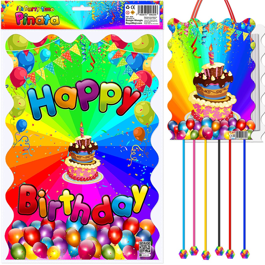 Pull String Pinata with bunting banner Happy Birthday Paper Bag Party Piñata Game Children Kids Boys Girls Unisex Fun universal theme flag