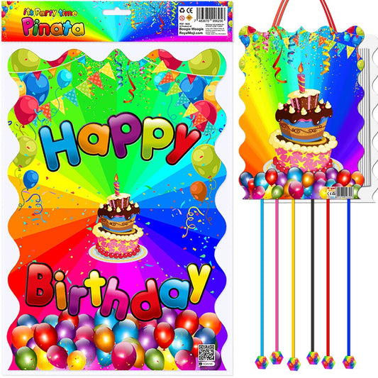 Pull String Pinata Happy Birthday Paper Bag Party Piñata Game Children Kids Boys Girls Unisex Fun multicolour theme supplies sweets surprise