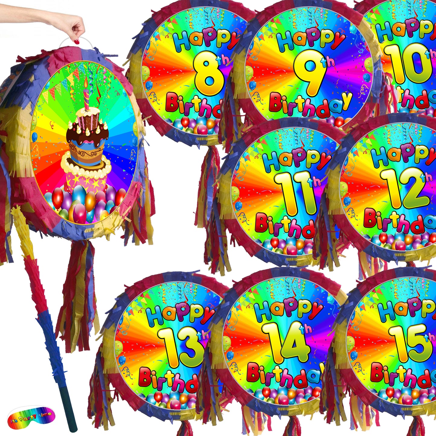 Number Pinata with stick Happy birthday 8th 9th 10 11 12 13 14 15 eight nine then eleven twelve thirteen fourteen Piñata Party Game Theme UK