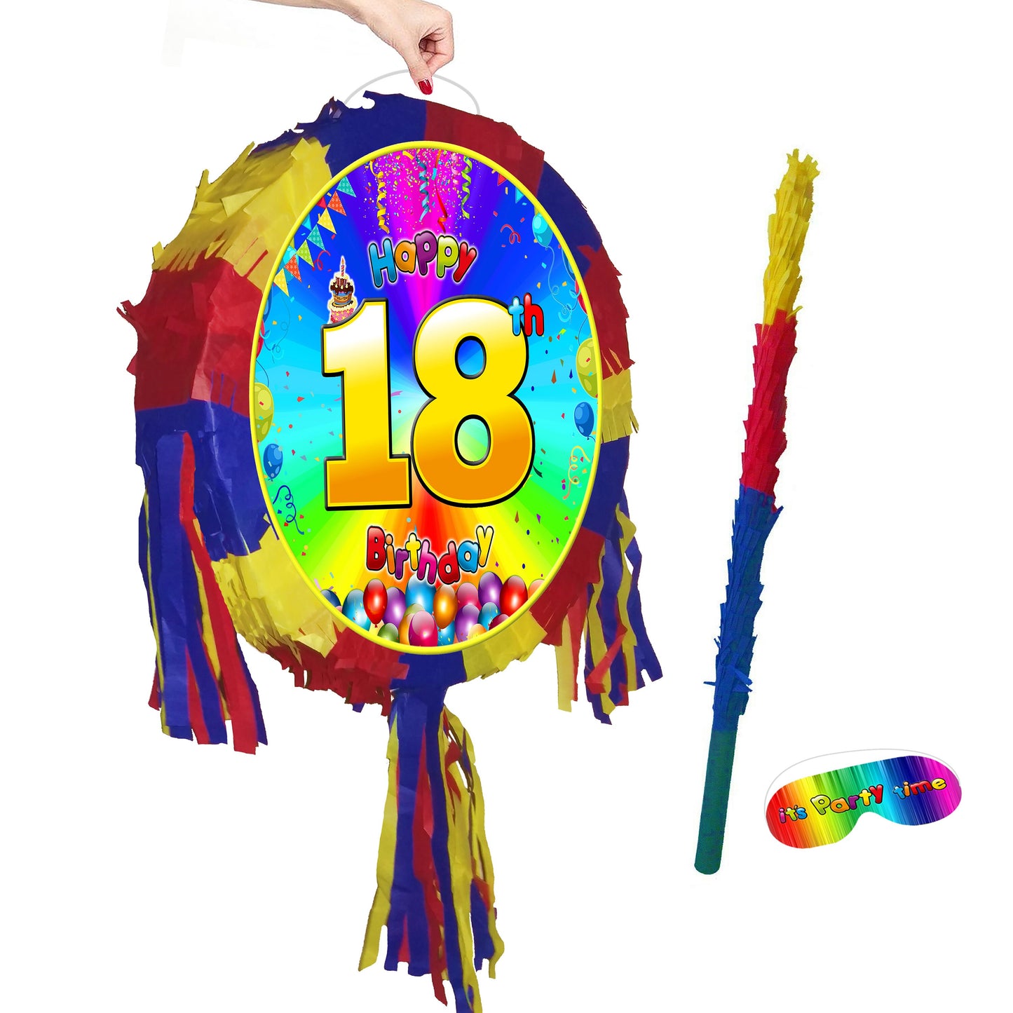 18th Birthday Pinata Party Round theme piñata supplies happy eighteen blindfold stick rainbow smash game BOY GIRL kids fun favours