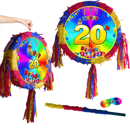 20th Birthday Pinata Piñata Party Round theme piñata supplies happy twenty Vicennial stick rainbow smash game BOY GIRL Vicenary fun favours