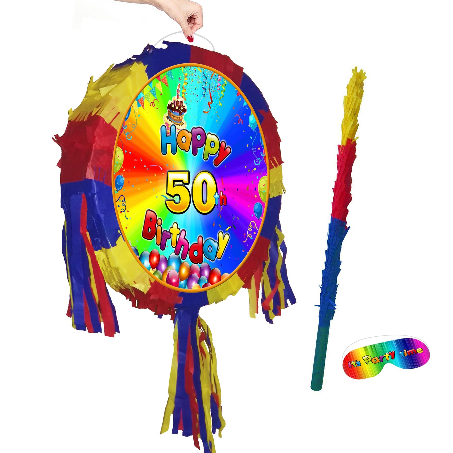 50th Birthday Pinata Piñata Party Round theme piñata supplies happy stick Rainbow Smash Game man woman Fifty golden jubilee years UK Fun New