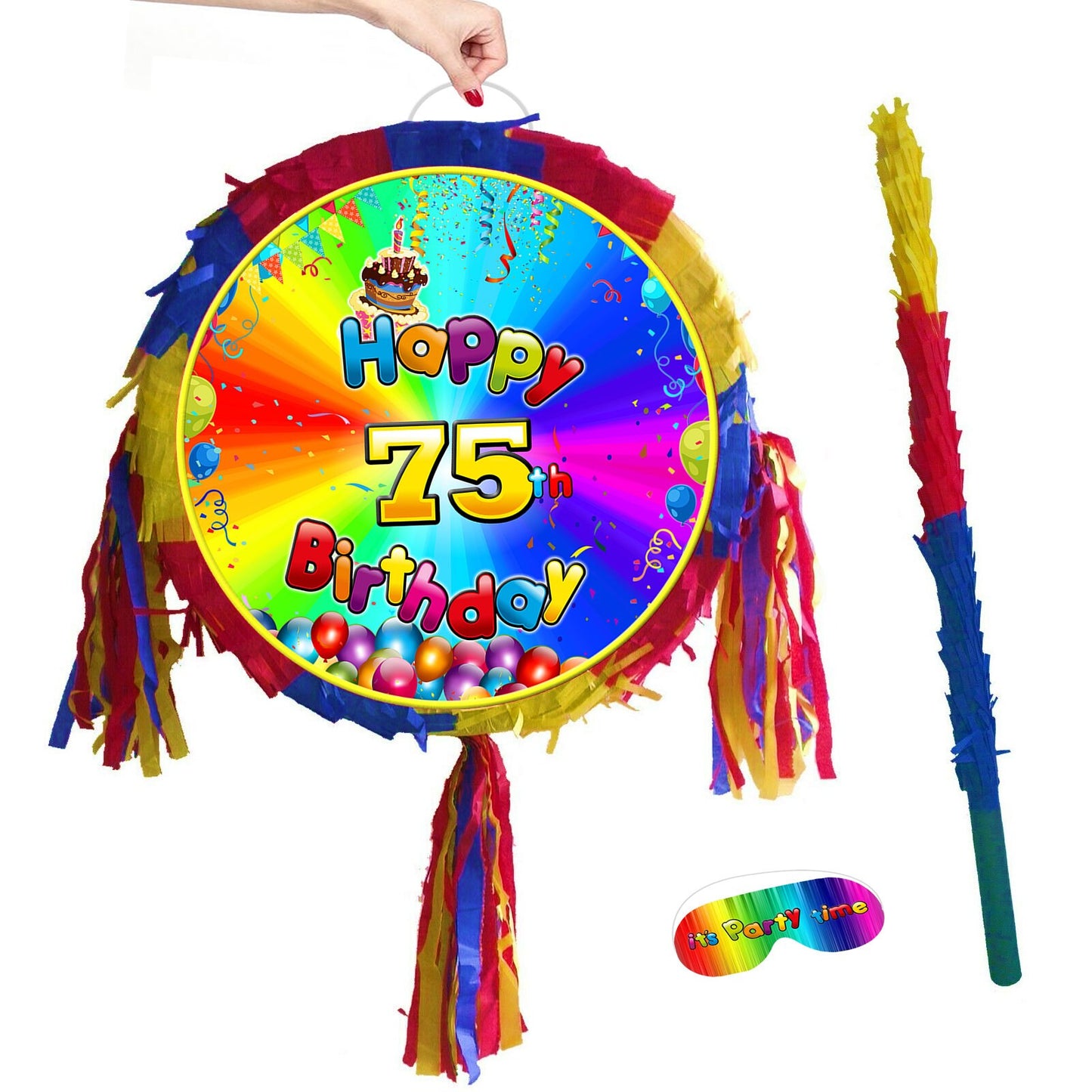 75th Birthday Pinata Piñata Party Round theme piñata supplies happy stick Rainbow Smash Game man woman diamond jubilee seventy five years UK