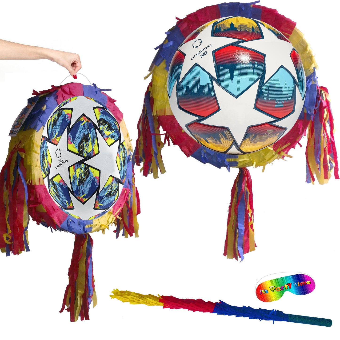 Football Piñata with stick and blindfold round party fun game soccer league cup champions ball birthday event theme England fútbol Fußball