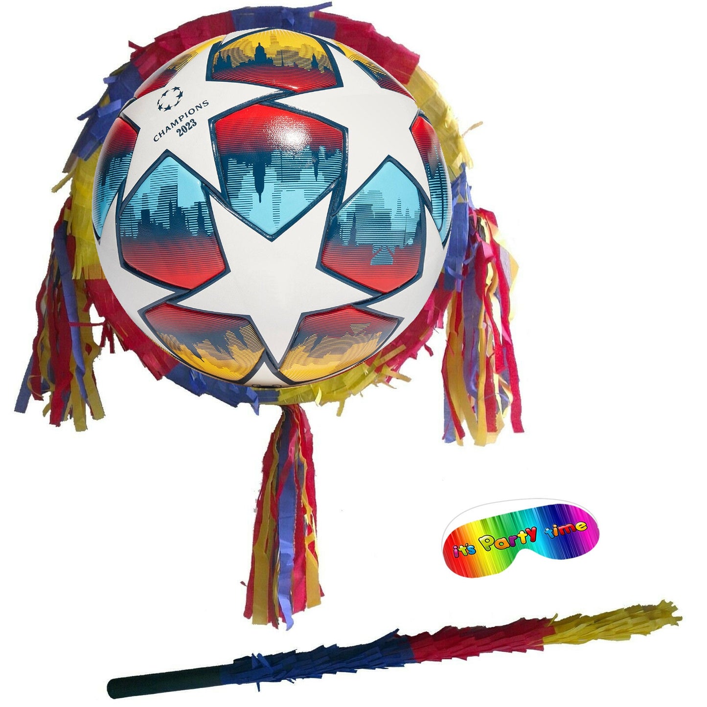 Football Piñata with stick and blindfold round party fun game soccer league cup champions ball birthday event theme England fútbol Fußball