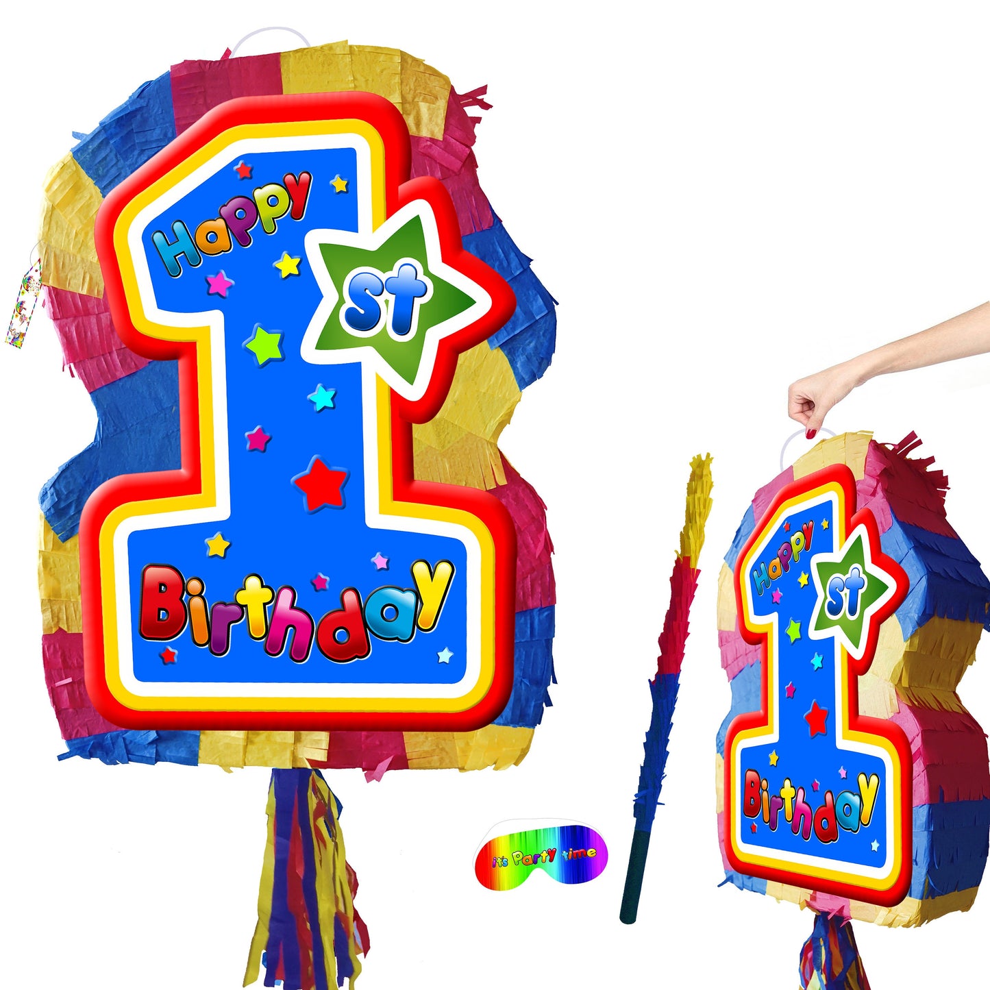 First Birthday Pinata multicoloured theme 1st party star number one smash game stick blindfold baby Boy Girl Unisex supplies blue large UK