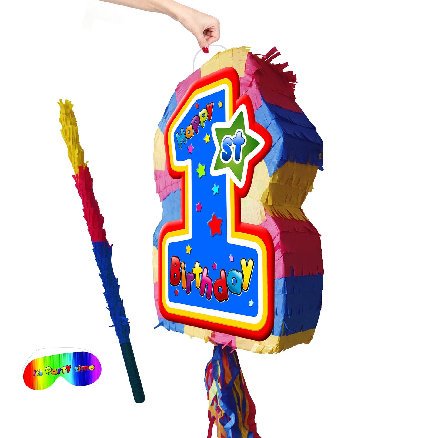 First Birthday Pinata multicoloured theme 1st party star number one smash game stick blindfold baby Boy Girl Unisex supplies blue large UK