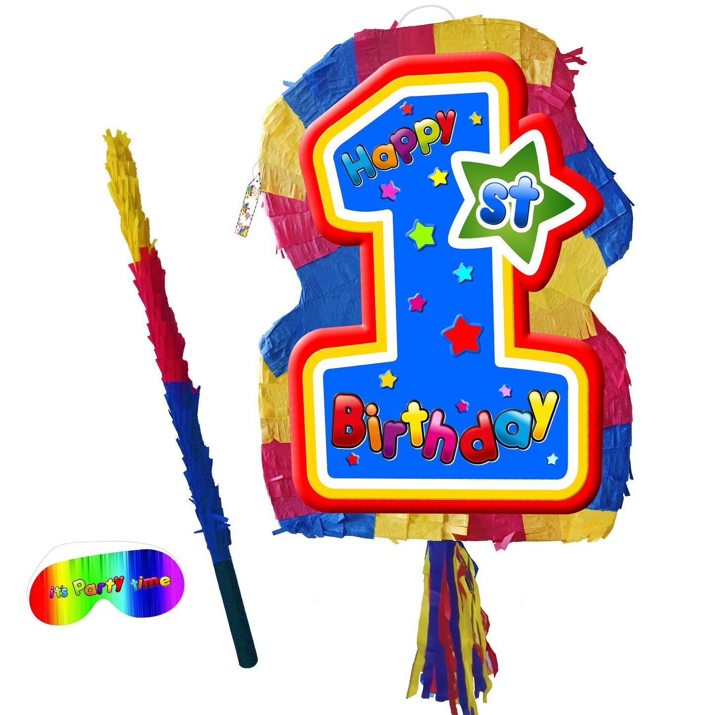 First Birthday Pinata multicoloured theme 1st party star number one smash game stick blindfold baby Boy Girl Unisex supplies blue large UK