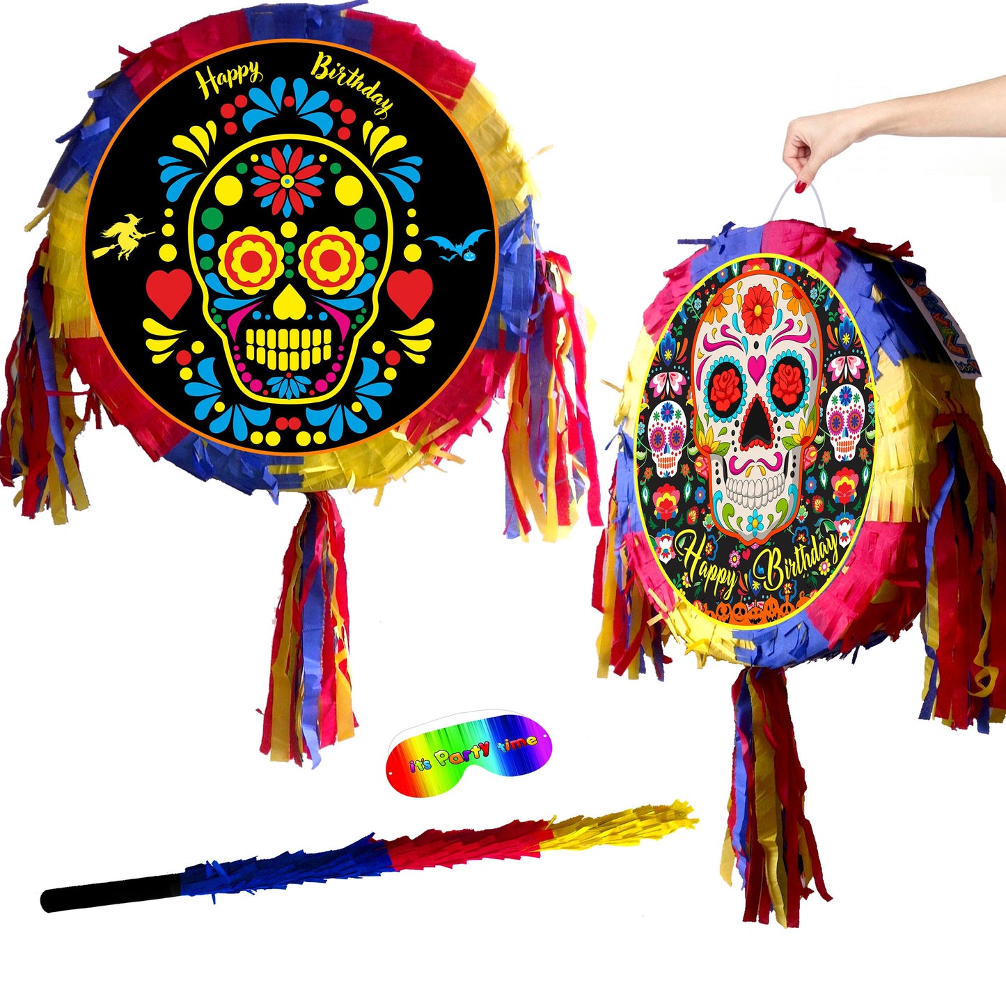 Round Skull Piñata set Halloween theme Party pinata supplies birthday stick blindfold Scary Creepy happy game trick or treat Calavera UK