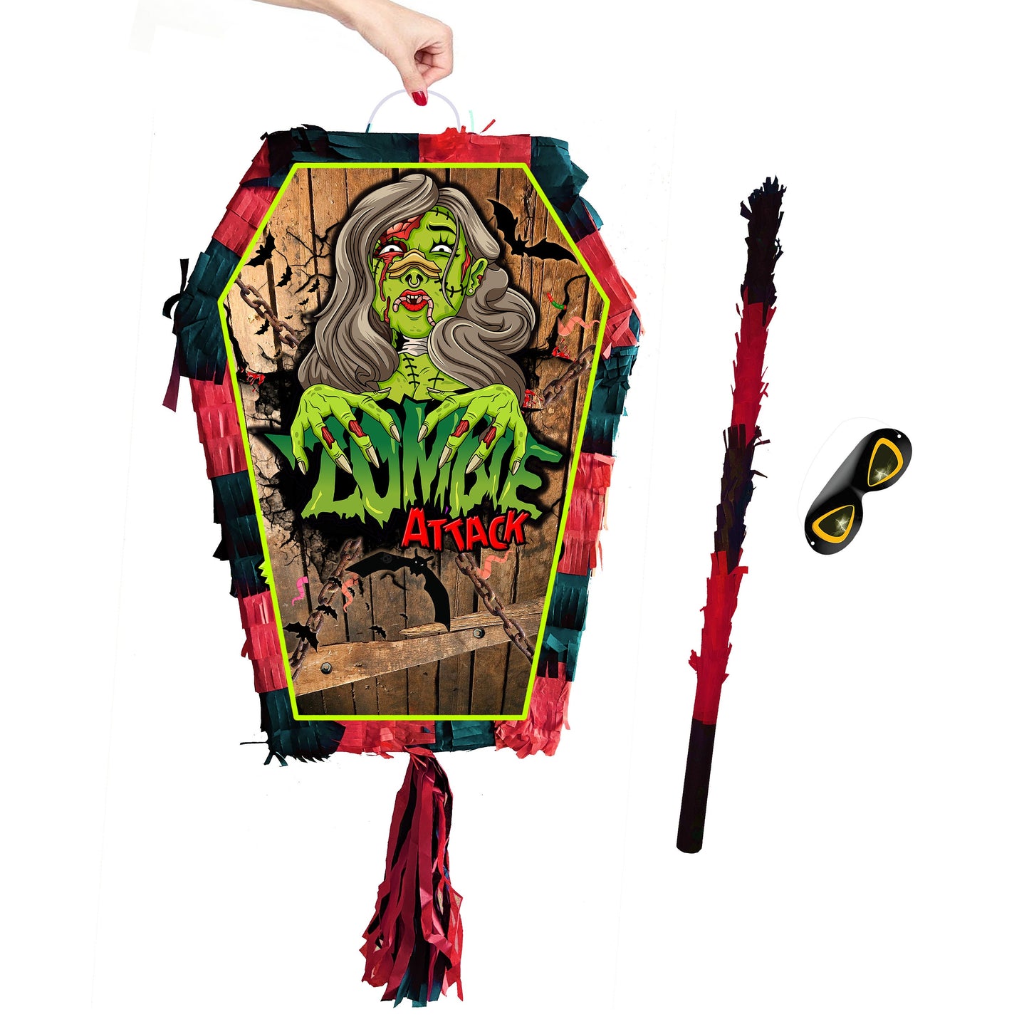 Coffin Piñata with stick Halloween theme Party pinata supplies happy birthday blindfold Halloween Scary Creepy bat blood Zombie Vampire UK