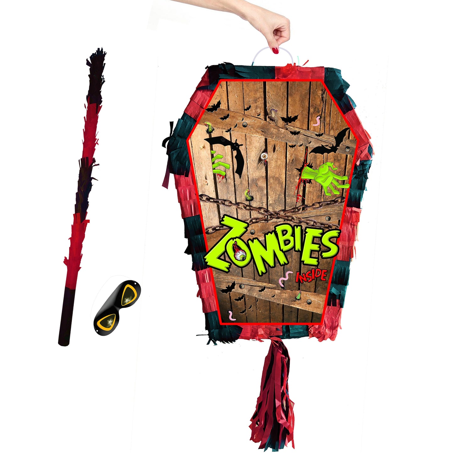 Coffin Piñata with stick Halloween theme Party pinata supplies happy birthday blindfold Halloween Scary Creepy bat blood Zombie Vampire UK