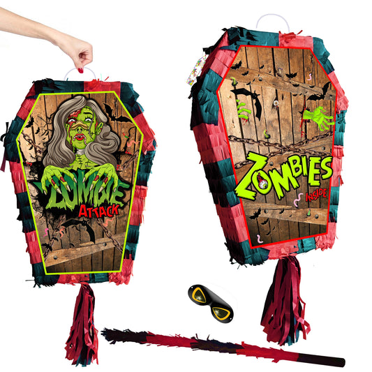 Coffin Piñata with stick Halloween theme Party pinata supplies happy birthday blindfold Halloween Scary Creepy bat blood Zombie Vampire UK