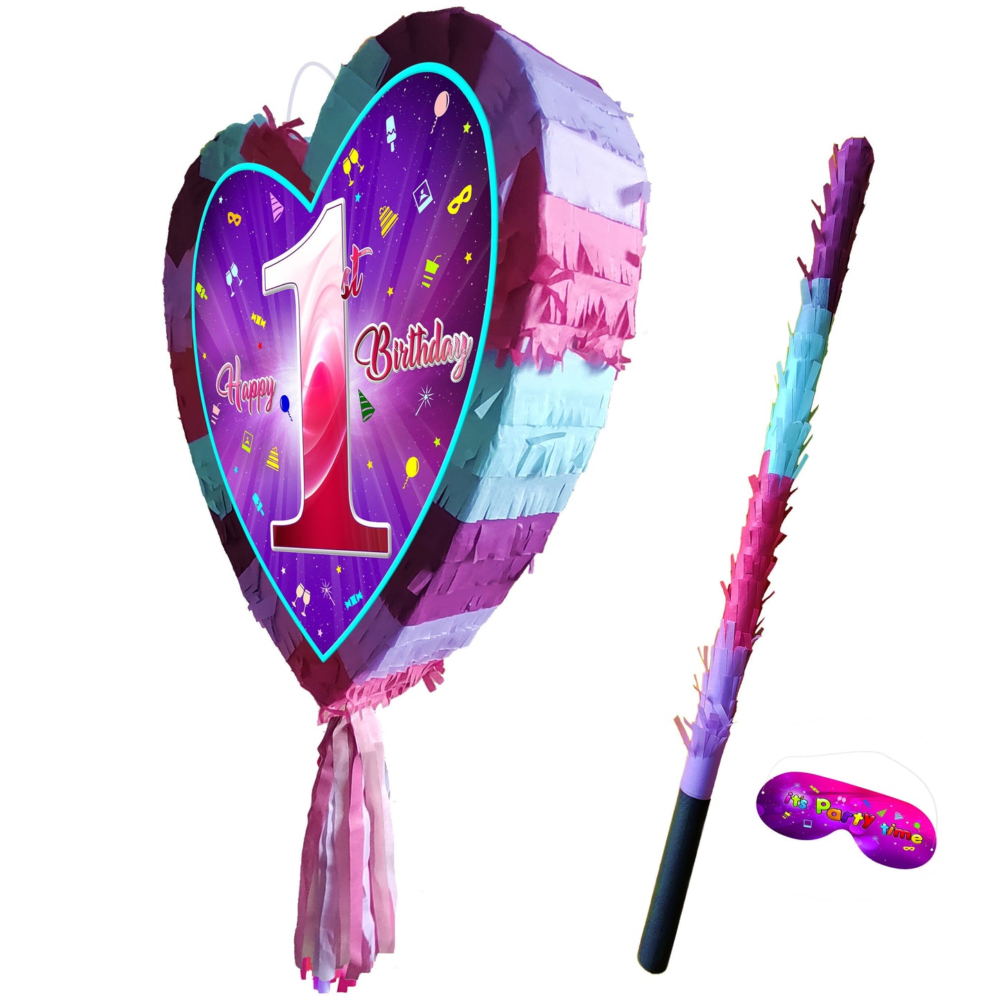 First Birthday heart pinata with stick 1st Piñata girls Party love theme supplies happy Smash Game number one year pink unicorn Fun UK New