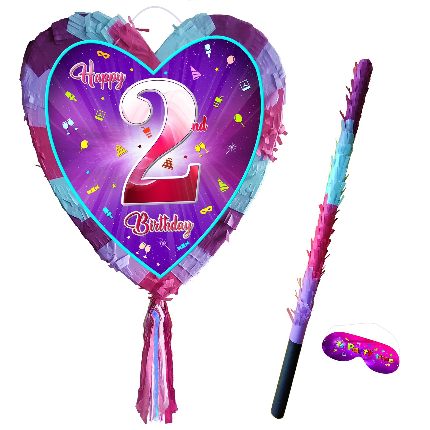 Second Birthday heart pinata with stick 2nd Piñata girls Party love theme supplies happy Smash Game number two year pink unicorn Fun UK New